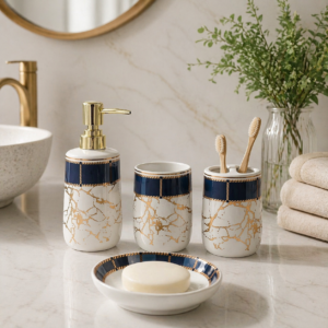 Italian Marble Design Bathroom Accessories Set Ceramic - 4 Pieces Bathroom Accessories Set Soap Dispenser