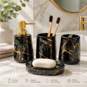 Italian Marble Design Bathroom Accessories Set Ceramic - 4 Piece Bathroom Accessories Set Soap Dispenser (Black)