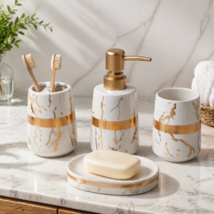 Ceramic Bathroom Accessories Set Ceramic - 4 Pieces Bathroom Accessories Set. (Black & White)