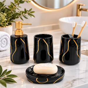 Ceramic Modern Bathroom Accessories Set Ceramic - 4 Pieces Multicolor Bathroom Accessories Set Soap Dispenser (Black & White)