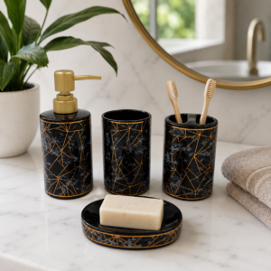 Ceramic Bathroom Accessories Set Ceramic - 4 Pieces Bathroom Accessories Set (White & Black)
