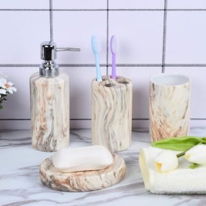Italian Marble Design Bathroom Accessories Set Ceramic - 4 Pieces Bathroom Accessories Set Soap Dispenser, Toothbrush Holder, Tumbler, Soap Dish, The Best Gifting Choice