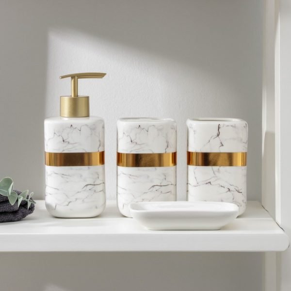 Marble Design Bathroom Accessories Set Ceramic - Including 4 Piece Marble Bathroom Accessories Set Soap Dispenser, Toothbrush Holder, Tumbler, Soap Dish, The Best Gifting Choice in Maharashtra, Tamil Nadu, Kerala, Uttar Pradesh