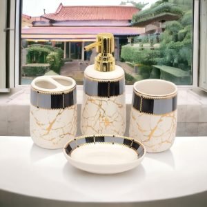Italian Marble Design Bathroom Accessories Set Ceramic - 4 Pieces Bathroom Accessories Set Soap Dispenser - White