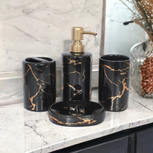 Luxury Italian Design Bathroom Accessories Set Ceramic - 4 Piece Bathroom Accessories Set Soap Dispenser, Toothbrush Holder, Tumbler, Soap Dish, The Best Gifting Choice (Black)