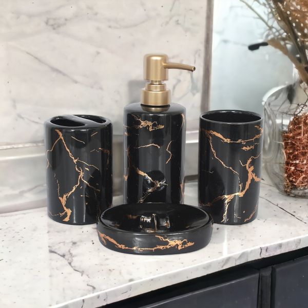 Luxury Italian Design Bathroom Accessories Set Ceramic - 4 Piece Bathroom Accessories Set Soap Dispenser, Toothbrush Holder, Tumbler, Soap Dish, The Best Gifting Choice (Black)