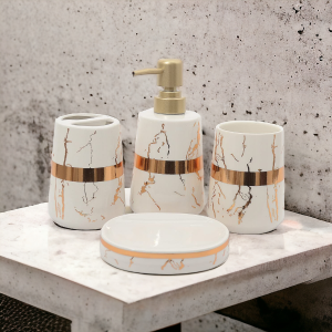 Ceramic Bathroom Accessories Set Ceramic - 4 Pieces Bathroom Accessories Set. (Black & White) - White