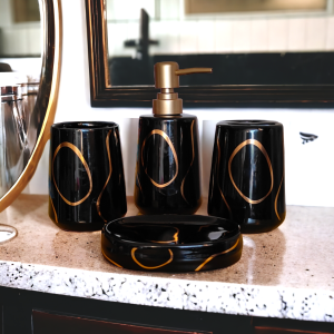Ceramic Modern Bathroom Accessories Set Ceramic - 4 Pieces Multicolor Bathroom Accessories Set Soap Dispenser (Black & White)