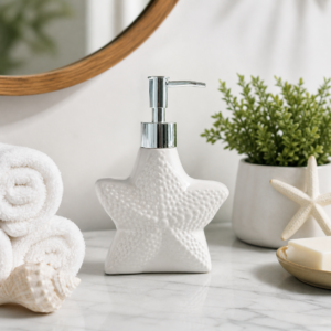 Shell-Shaped Soap Dispenser White Ceramic Lotion Bottle with Chrome Pump Home Décor for Bathroom Kitchen (White)