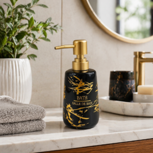 Italian Marble Design Liquid Soap, Shampoo, Conditioner, Shower Gel Dispenser for Bathroom & Kitchen (350ML, Black & White, Ceramic)