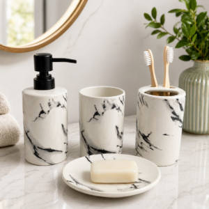 Bathroom Accessories Set Ceramic - Including 4 Piece Marble Design Bathroom Accessories Set Soap Dispenser, Toothbrush Holder, Tumbler, Soap Dish