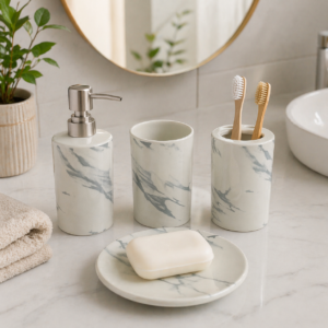 Bathroom Accessories Set Ceramic - Including 4 Piece Marble Design Bathroom Accessories Set Soap Dispenser, Toothbrush Holder, Tumbler, Soap Dish (White & Grey)