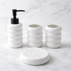 Premium Bathroom Accessories Set Ceramic - Including 4 Piece Multi Design Bathroom Accessories Set Soap Dispenser, Toothbrush Holder, Tumbler, Soap Dish, The Best Gifting Choice (Black & White)