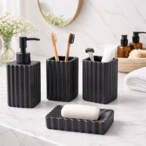 Premium Bathroom Accessories Set Ceramic - Including 4 Piece Stripes Design Bathroom Accessories Set Soap Dispenser, Toothbrush Holder, Tumbler, Soap Dish, The Best Gifting Choice (Black, White & Chocolate)