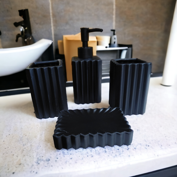 Premium Bathroom Accessories Set Ceramic - Including 4 Piece Stripes Design Bathroom Accessories Set Soap Dispenser, Toothbrush Holder, Tumbler, Soap Dish, The Best Gifting Choice (Black, White & Chocolate)