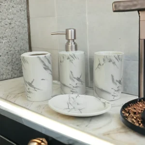 Bathroom Accessories Set Ceramic - Including 4 Piece Marble Design Bathroom Accessories Set Soap Dispenser, Toothbrush Holder, Tumbler, Soap Dish (White & Grey)