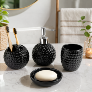 Ceramic Honeycomb Shape 4 Pieces Bathroom Set Liquid Dispenser | Toothbrush Holder | Soap Dish