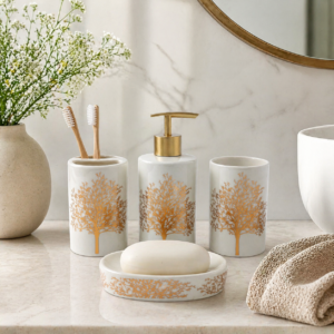 Ceramic Bathroom Accessories Set | Toothbrush Holder, Tumbler, Soap Dish (White)