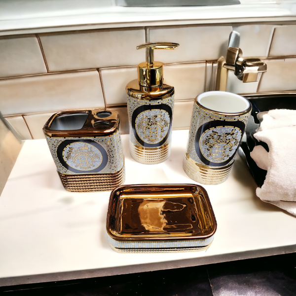 Designer Ceramic Bathroom Accessories Set - Including 4 Piece Bathroom Accessories Set | Tumbler, Soap Dish (Gold)