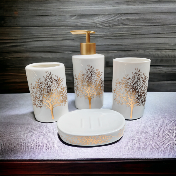 Ceramic Bathroom Accessories Set | Toothbrush Holder, Tumbler, Soap Dish (White)