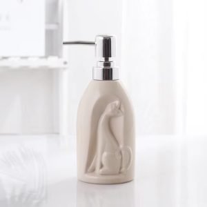 Light Luxury Cat Design Ceramic Lotion Bottle Liquid Soap Dispenser | (360 ML, Beige)