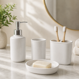 Whizzo 4-Piece Ceramic Bathroom Accessories Set | Soap Dispenser, Toothbrush Holder, Tumbler & Soap Dish | Bathroom Countertop Set | Modern Wash Basin Accessories