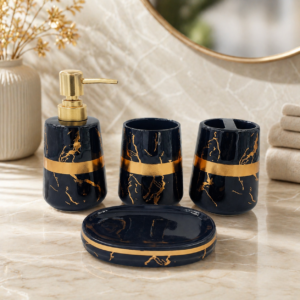 Whizzo 4-Piece Ceramic Bathroom Accessories Set | Soap Dispenser, Toothbrush Holder, Tumbler & Soap Dish | Premium Bathroom Countertop Set