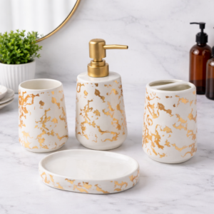 Ceramic Bathroom Accessories Set of 4 | Soap Dispenser, Toothbrush Holder, Tumbler & Soap Dish | Textured Beige & Brown Finish | Bathroom Countertop Vanity Organizer Set
