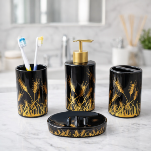 Whizzo Ceramic Bathroom Accessories Set of 4, Black & Gold BotanicWhizzo 4-Piece Ceramic Bathroom Accessories Set | Soap Dispenser, Toothbrush Holder, Tumbler & Soap Dish | White with Gold Wheat Design | Gold Finish Pump | Premium Bathroom Countertop Setal Design | Soap Dispenser, Toothbrush Holder, Divided Organizer & Soap Dish | Premium Bathroom Countertop Set