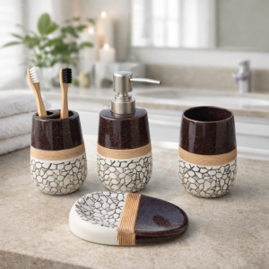 Whizzo Ceramic Bathroom Accessories Set of 4, Dark Brown & Ivory Crackle Design | Soap Dispenser, Toothbrush Holder, Tumbler & Soap Dish | Premium Bathroom Countertop Organizer Set