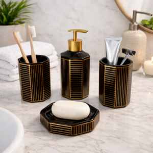 Whizzo Ceramic Bathroom Accessories Set of 4, Black & Gold Elegant Linear Design | Soap Dispenser, Toothbrush Holder, Tumbler & Soap Dish | Premium Bathroom Countertop Organizer Set