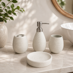 Whizzo 4-Piece Ceramic Bathroom Accessories Set | White Textured Soap Dispenser, Toothbrush Holder, Tumbler & Soap Dish | Modern Countertop Set for Bathroom, Wash Basin & Vanity
