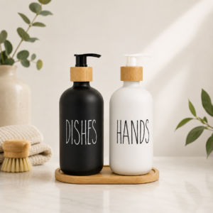 Whizzo 2-Piece Soap Dispenser Set with Tray | Black & White Liquid Soap Dispensers for Hands & Dishes | Bamboo Style Collar | Bathroom & Kitchen Countertop Set