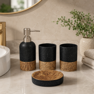 Whizzo Ceramic Bathroom Accessories Set of 4, Black & Antique Gold Leaf Design | Soap Dispenser, Toothbrush Holder, Tumbler & Soap Dish | Premium Bathroom Countertop Organizer Set