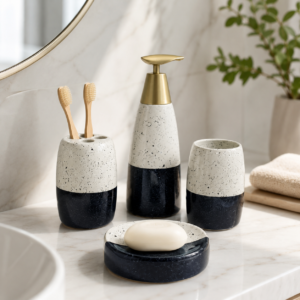 Whizzo 4-Piece Ceramic Bathroom Accessories Set | Black & White Speckled Soap Dispenser, Toothbrush Holder, Tumbler & Soap Dish | Modern Countertop Set for Bathroom, Wash Basin & Vanity