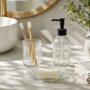 Whizzo 3-Piece Ribbed Glass Bathroom Accessories Set | Clear Soap Dispenser, Toothbrush Holder & Soap Dish | Refillable Countertop Set for Bathroom, Wash Basin & Vanity