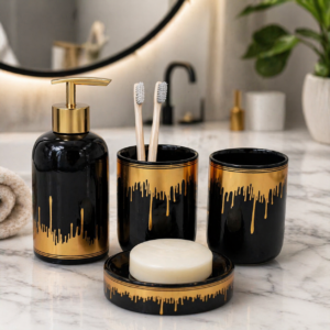Whizzo 4-Piece Ceramic Bathroom Accessories Set | Black & Gold Soap Dispenser, Toothbrush Holder, Tumbler & Soap Dish | Decorative Countertop Set for Bathroom, Wash Basin & Vanity