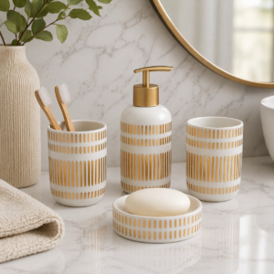 Whizzo 4-Piece Ceramic Bathroom Accessories Set | Black & Gold Soap Dispenser, Toothbrush Holder, Tumbler & Soap Dish | Modern Countertop Set for Bathroom, Wash Basin & Vanity