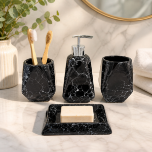 Whizzo 4 Piece Black Ceramic Bathroom Accessories Set | Liquid Soap Dispenser, Toothbrush Holder, Tumbler & Soap Dish | White Marble Crack Design with Silver Pump | Modern Vanity Countertop Set