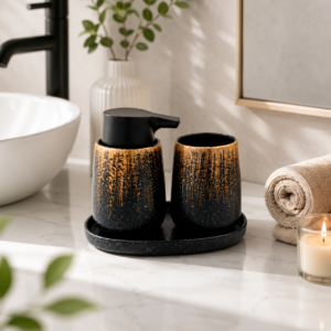 Whizzo 3-Piece Ceramic Bathroom Accessories Set with Tray | Black & Gold Textured Soap Dispenser, Tumbler & Matching Tray | Modern Countertop Set for Bathroom & Vanity