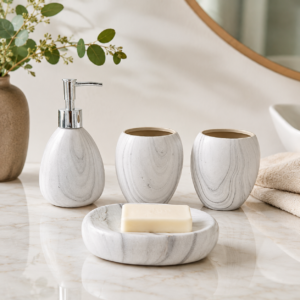 Whizzo 4-Piece Ceramic Bathroom Accessories Set | Beige Marble Swirl Soap Dispenser, Toothbrush Holder, Tumbler & Soap Dish | Elegant Countertop Set for Bathroom, Wash Basin & Vanity