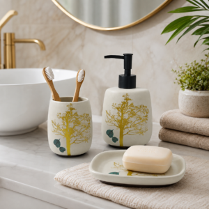 Whizzo 3-Piece Ceramic Bathroom Accessories Set | White Tree Design Soap Dispenser, Toothbrush Holder & Soap Dish | Refillable Countertop Set for Bathroom, Wash Basin & Vanity