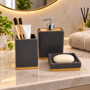 Whizzo 3-Piece Ceramic Bathroom Accessories Set | Grey Soap Dispenser, Toothbrush Holder & Soap Dish with Wooden Accent | Modern Countertop Set for Bathroom, Wash Basin & Vanity