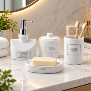 Whizzo Ceramic Bathroom Accessories Set of 4 | White Glossy Finish | Liquid Soap Dispenser with Chrome Pump, Toothbrush Holder, Cotton Jar & Soap Dish | Modern Bathroom Countertop Organizer