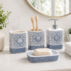 Whizzo 4-Piece Ceramic Bathroom Accessories Set | White & Blue Printed Soap Dispenser, Toothbrush Holder, Tumbler & Soap Dish | Decorative Countertop Set for Bathroom, Wash Basin & Vanity