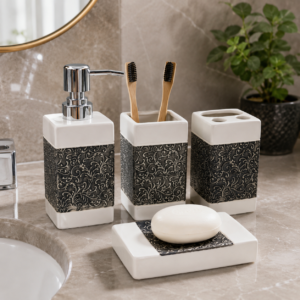 Whizzo 4-Piece Ceramic Bathroom Accessories Set | White & Blue Printed Soap Dispenser, Toothbrush Holder, Tumbler & Soap Dish | Decorative Countertop Set for Bathroom, Wash Basin & Vanity