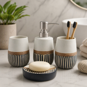 Whizzo 4-Piece Ceramic Bathroom Accessories Set | White, Black & Beige Striped Soap Dispenser, Toothbrush Holder, Tumbler & Soap Dish | Modern Countertop Set for Bathroom & Vanity