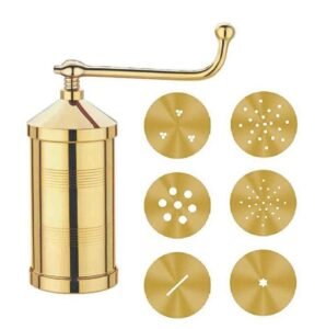 Whizzo Brass Sev Sancha with 6 Interchangeable Jali Discs | Traditional Hand Press Namkeen Maker with Crank Handle | Sev, Gathiya & Farsan Making Machine | Polished Golden Brass Finish