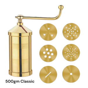 Whizzo Brass Sev Sancha 500 g Classic | Traditional Manual Namkeen Maker with Crank Handle & 6 Interchangeable Jali Discs | Sev, Gathiya, Chakli & Farsan Press | Polished Golden Brass Finish