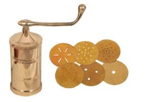 Whizzo Brass Sev Sancha 600 g Diamond | Traditional Manual Namkeen Maker with Crank Handle & 6 Interchangeable Jali Discs | Sev, Gathiya, Chakli & Farsan Press | Polished Golden Brass Finish